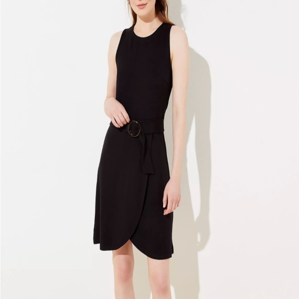 Loft Sleeveless Dress in Black with Tortoiseshell Print Belt Buckle